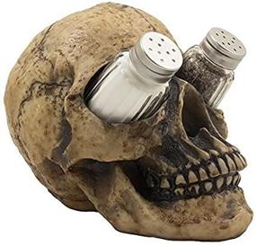 img 2 attached to Spooky Halloween Party Decorations - Scary Evil Human Skull Salt and Pepper Shaker Set with Display Stand Holder for Gothic Kitchen Decor. Perfect for Collectibles, Novelty Gifts, and Home-n-Gifts