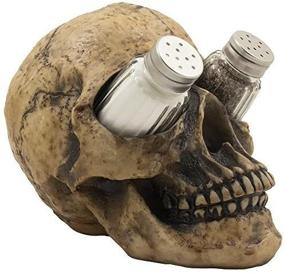 img 3 attached to Spooky Halloween Party Decorations - Scary Evil Human Skull Salt and Pepper Shaker Set with Display Stand Holder for Gothic Kitchen Decor. Perfect for Collectibles, Novelty Gifts, and Home-n-Gifts