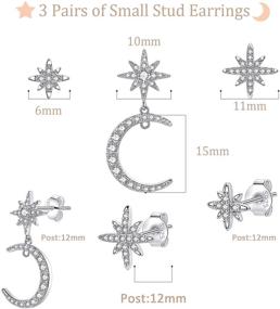 img 3 attached to 🌟 Unisex Stud Earrings Set - 3 Pairs of Small Silver Star and Moon Dangle Earrings with Cubic Zirconia - Cartilage Jewelry Collection for Women and Girls (6mm/10mm/11mm)