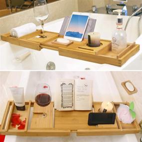 img 2 attached to 🛁 Luxury Bamboo Bath Caddy Tray with Expandable Sides - Bath Accessories and Table for Wine Glass, Book Stand, and Bathroom Organization; includes Free Soap Holder - Brown
