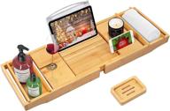 🛁 luxury bamboo bath caddy tray with expandable sides - bath accessories and table for wine glass, book stand, and bathroom organization; includes free soap holder - brown logo
