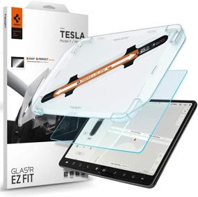 img 4 attached to Spigen Tempered Glass Screen Protector for Tesla Model 3 / Y Dashboard Touchscreen - Crystal Clear & Easy Fit