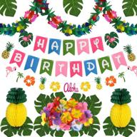 vibrant hawaiian luau birthday party decorations: tropical birthday banner, palm leaves, hibiscus flowers, paper pineapples, flamingos, and pineapple garland for a memorable summer beach moana party logo
