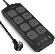 💪 black power strip surge protector with 8 ac outlets, 4 usb ports, and 6ft long extension cord - ideal for home, office, and hotel use - compatible with phone, ipad, pc, laptop - mountable and flat plug enabled - 1875w/15a, high power capacity logo