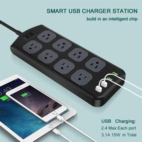 img 3 attached to 💪 Black Power Strip Surge Protector with 8 AC Outlets, 4 USB Ports, and 6ft Long Extension Cord - Ideal for Home, Office, and Hotel Use - Compatible with Phone, iPad, PC, Laptop - Mountable and Flat Plug Enabled - 1875W/15A, High Power Capacity