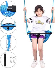 img 1 attached to Outdoor/Indoor Baby Swing – LadyRosian Adjustable Rope Swing Set with Safety Bar for Kids – Hand-Knitted Blue Backyard Swing