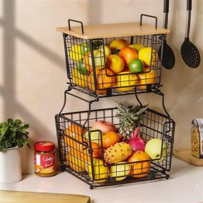 img 4 attached to 📦 2 Tier Kitchen Counter Basket: Bamboo Top for Fruit, Vegetable, Bread & K-Cup Coffee Pods - Organize Cabinets, Pantry & Bathroom