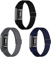 📿 gbpoot 3-pack elastic nylon bands for fitbit charge 4/charge 3/se - adjustable stretchy breathable sport replacement wristband for men and women - pure black, navy blue, and dark grey logo