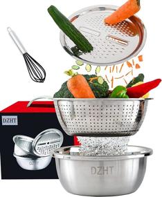 img 4 attached to 🥗 DZHT 11 Inch Multifunctional Stainless Steel Basin Vegetable/Cheese Cutter: Grater, Drain Basket, and Salad Maker Bowl in 1 - Kitchen Essential