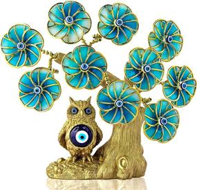 img 4 attached to Turkish Blue Evil Eye Tree: Golden Owl Statue, Artificial Flowers | Home & Office Protection Decoration Feng Shui Ornament