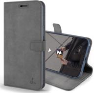 snakehive vintage wallet for apple iphone 12 pro max - genuine leather case with stand, card holder, and card slot - grey logo