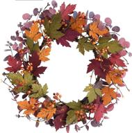 🍁 bibelot artificial fall wreath: 18-inch fake wood maple leaves & red eucalyptus - perfect front door hanging wall decor for fall harvest, thanksgiving, and maple leaves wreath home decor логотип