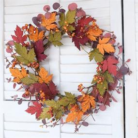 img 2 attached to 🍁 Bibelot Artificial Fall Wreath: 18-inch Fake Wood Maple Leaves & Red Eucalyptus - Perfect Front Door Hanging Wall Decor for Fall Harvest, Thanksgiving, and Maple Leaves Wreath Home Decor