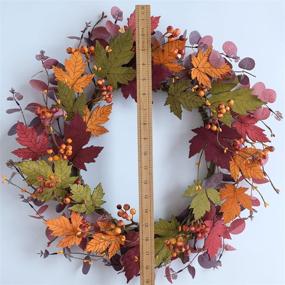 img 1 attached to 🍁 Bibelot Artificial Fall Wreath: 18-inch Fake Wood Maple Leaves & Red Eucalyptus - Perfect Front Door Hanging Wall Decor for Fall Harvest, Thanksgiving, and Maple Leaves Wreath Home Decor