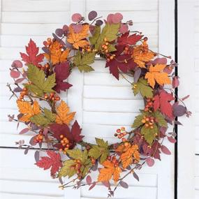 img 3 attached to 🍁 Bibelot Artificial Fall Wreath: 18-inch Fake Wood Maple Leaves & Red Eucalyptus - Perfect Front Door Hanging Wall Decor for Fall Harvest, Thanksgiving, and Maple Leaves Wreath Home Decor