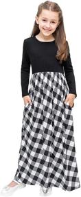 img 2 attached to 👗 Girls Long Sleeve Maxi Dress with Pockets for Ages 6-14 - Buffalo Check Plaid Casual Dresses