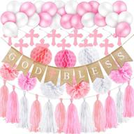 god bless banner with cross swirl: whimsical pink baptism decorations for girls, featuring paper honeycomb tassel pom pom balloons - perfect for baby shower, first communion, christening, wedding, and birthday décor logo