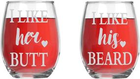 img 4 attached to 🍷 I Like His Beard, I Like Her Butt - His and Hers Stemless Wine Glasses for Anniversaries, Weddings, Bridal Showers - 15oz Crystal Wine Glasses and Couples Gifts Ideas
