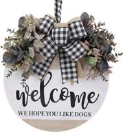 🚪 gluuflower 17 inch welcome wooden sign for front door - we love dogs - hanging home decoration with eucalyptus wreath & buffalo bow - outdoor/indoor door wall decor in dusty mauve логотип