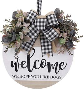 img 4 attached to 🚪 GLUUFLOWER 17 Inch Welcome Wooden Sign for Front Door - We Love Dogs - Hanging Home Decoration with Eucalyptus Wreath & Buffalo Bow - Outdoor/Indoor Door Wall Decor in Dusty Mauve