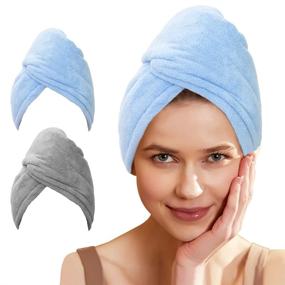 img 3 attached to 👩 2-Pack Blue and Gray Microfiber Hair Wrap Towels: Quick Drying for Long Hair and Curly Hair, Anti-Frizz Solution for Women