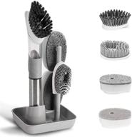 🧽 dish cleaning brush set with soap dispenser, 4 replacement heads, and storage holder - grey logo