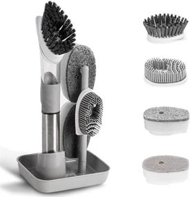 img 4 attached to 🧽 Dish Cleaning Brush Set with Soap Dispenser, 4 Replacement Heads, and Storage Holder - Grey