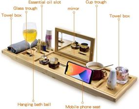 img 1 attached to Luxury Foldable Bamboo Bathtub Tray with Mirror, Retractable Bathtub Caddie Tray: Perfect Gift Idea for Loved Ones! Place Books, Integrated Tablet, Smartphone, and Wine Glass