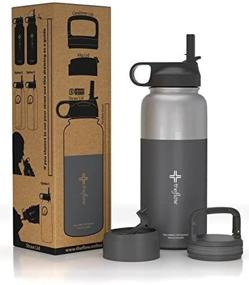 img 2 attached to 🔴 Large 32oz Stainless Steel Hydro Vacuum Flask With Wide Mouth Straw Lid, Coffee Flip Lid and Carabiner | Double Wall Sports Travel Tumbler - The Flow Insulated Water Bottle (Grey, 1L)