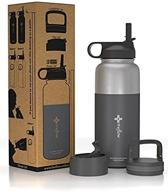 🔴 large 32oz stainless steel hydro vacuum flask with wide mouth straw lid, coffee flip lid and carabiner | double wall sports travel tumbler - the flow insulated water bottle (grey, 1l) logo