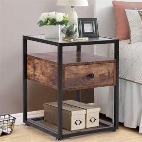 img 3 attached to VECELO Nightstand Set: Tempered Glass End Tables with Drawer, Rustic Shelf Decoration for Living Room, Bedroom, Lounge - Antique Brown (Set of 2)