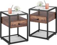 vecelo nightstand set: tempered glass end tables with drawer, rustic shelf decoration for living room, bedroom, lounge - antique brown (set of 2) logo