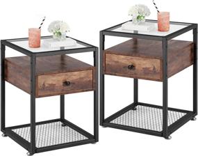 img 4 attached to VECELO Nightstand Set: Tempered Glass End Tables with Drawer, Rustic Shelf Decoration for Living Room, Bedroom, Lounge - Antique Brown (Set of 2)