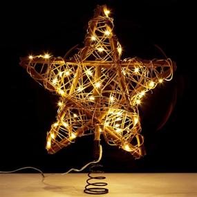 img 4 attached to 🌟 MostaShow 12'' Rattan Natural Star Tree Topper with 23Ft 50LED Warm White Copper Lights, USB Powered Farmhouse Rustic LED Light Up Tree Topper for Xmas Tree Decorations