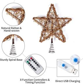 img 2 attached to 🌟 MostaShow 12'' Rattan Natural Star Tree Topper with 23Ft 50LED Warm White Copper Lights, USB Powered Farmhouse Rustic LED Light Up Tree Topper for Xmas Tree Decorations
