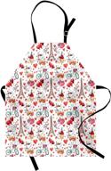 🍷 romantic apron by ambesonne - love themed paris coffee wine perfumes bikes with heart backdrop - unisex kitchen bib with adjustable neck for cooking, gardening - adult size, red coral логотип
