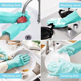 img 3 attached to 🧤 Reusable Silicone Dishwashing Gloves with Cleaning Brush - Heat Resistant, Sponge Scrubbers for Kitchen, Housework, Bathroom, Bathing, Car Washing (Green)