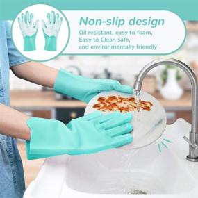 img 1 attached to 🧤 Reusable Silicone Dishwashing Gloves with Cleaning Brush - Heat Resistant, Sponge Scrubbers for Kitchen, Housework, Bathroom, Bathing, Car Washing (Green)