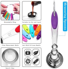 img 1 attached to Versatile 16-Piece Stainless Steel Measuring Cups and Spoons Set with Colored Silicone Handles for Dry and Liquid Ingredients by WKTFOBM