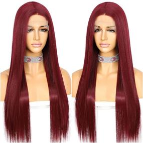 img 2 attached to Парик Sapphirewigs 22 дюйма Длинный прямой бургундский синтетический парик с кружевным передом - парик с глубокой T-частью, термостойкий для женщин