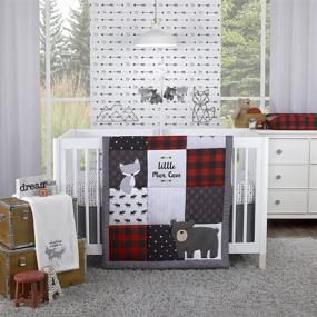 img 4 attached to 🐻 Rustic 3-Piece Nursery Bedding Set: NoJo Little Man Cave - Grey, Red, Black & Ivory Bear, Fox, Moose, Buffalo Check & Arrows- Comforter, Sheet, Skirt