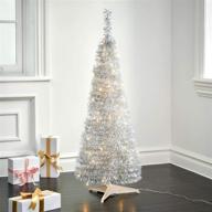 🎄 pop up christmas tree: 4ft silver tinsel, collapsible, 100 led lights, easy storage | slim 17 inch diameter, prelit artificial pencil tree логотип