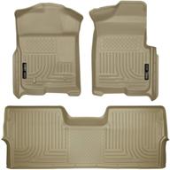 husky liners 98333 weatherbeater front & 2nd seat floor mats (tan) for 2009-14 ford f-150 supercrew (no manual transfer case shifter) logo