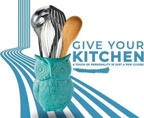 img 2 attached to Cute Aqua Blue Owl Utensil Holder - Stylish Ceramic Cookware Crock & Organizer for Your Kitchen - Perfect Gift for Decor Lovers - 5” x 7” x 4” Size