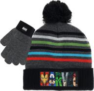 cozy marvel avengers kids winter hats and snow gloves set for boys and toddlers: mittens, beanie & fluffy pom pom! logo