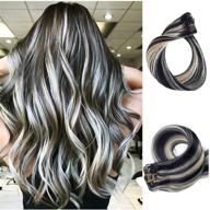 👩 balayage remy clip-in real human hair extensions for black/white women - black with 613 bleach blonde highlights, double weft, natural silky, full head, 70g, 7pcs, 16 clips, 15 inch logo