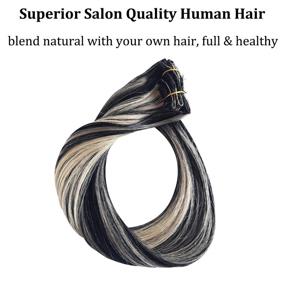 img 3 attached to 👩 Balayage Remy Clip-in Real Human Hair Extensions for Black/White Women - Black with 613 Bleach Blonde Highlights, Double Weft, Natural Silky, Full Head, 70g, 7pcs, 16 Clips, 15 Inch