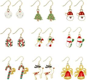 img 4 attached to 🎅 9 Pairs Christmas Dangle Earrings - Hypoallergenic Rhinestone Hooks for Women & Girls - Santa Claus, Elk, Snowman, and More Xmas Gifts