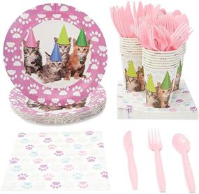 img 4 attached to Adorable Kitten Party Supplies Bundle - Plates, 😺 Napkins, Cups, and Cutlery Set for 24 Guests (144 Pieces)