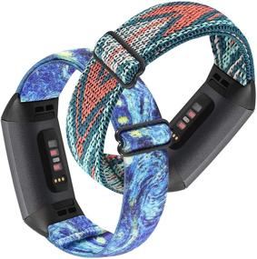 img 4 attached to 🤸 Fitbit Charge 4/Charge 3/SE Adjustable Braided Sport Elastic Watch Bands - Veezoom Stretchy Breathable Fabric Solo Loop Nylon Strap Replacement Wristband, Colorful Pattern for Women and Men
